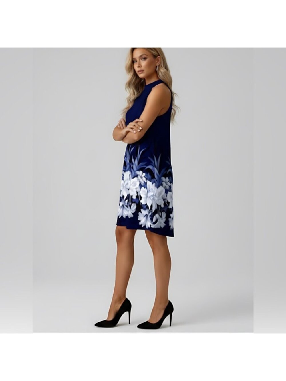 Boho Floral Print A-Line Halterneck Dress Blue - Picture 3 of 9